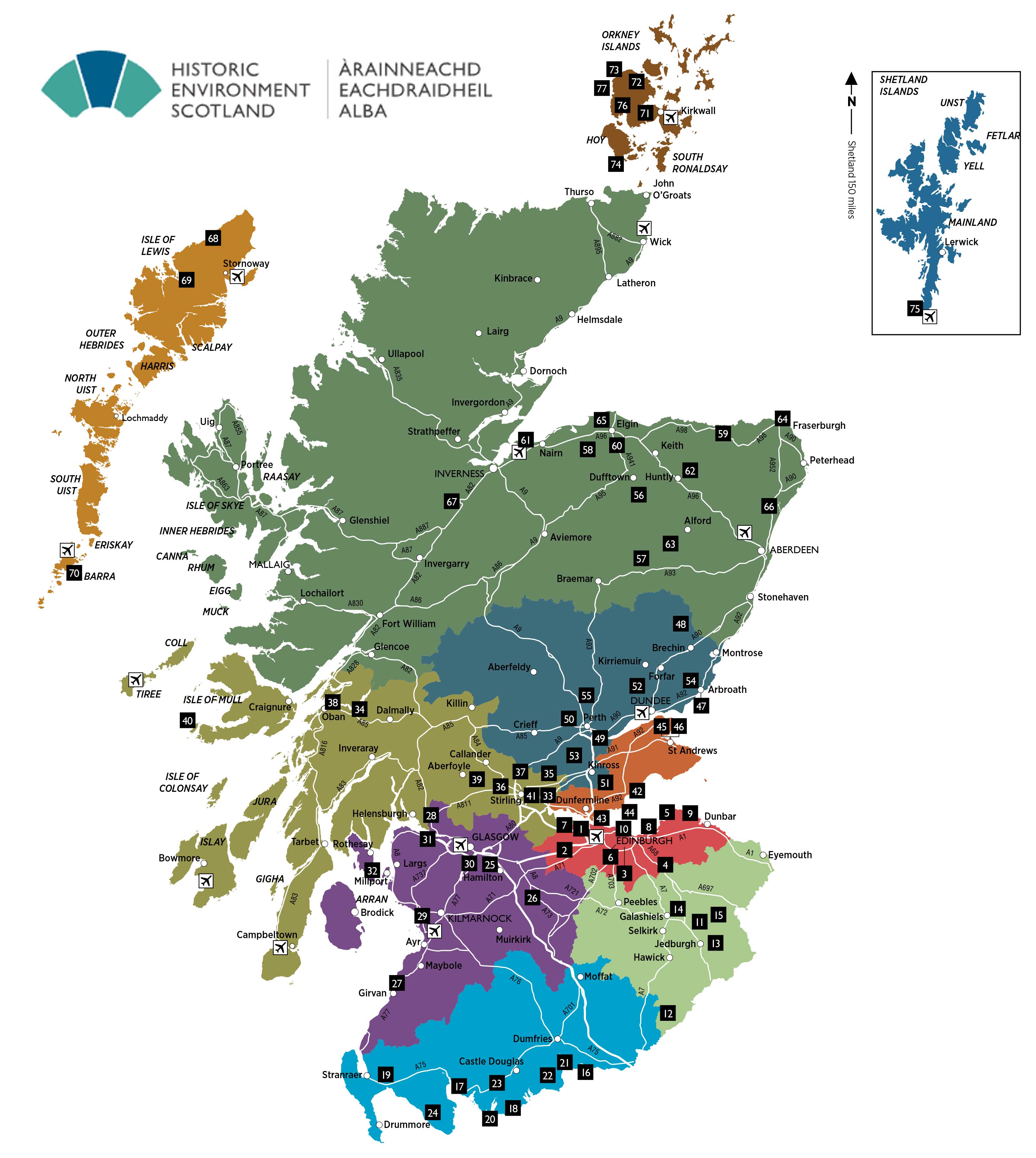 Mapa de atracciones turísticas incluidas en la tarjeta Explorer Pass de Escocia