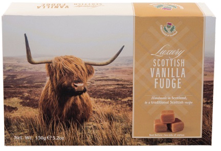 Caja del dulce escocés fudge con la foto de una vaca de las Tierras altas de Escocia