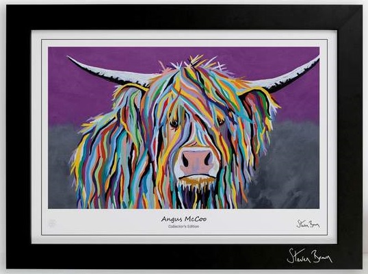 Lámina de arte representando a una vaca de las Tierras Altas de Escocia en colorines